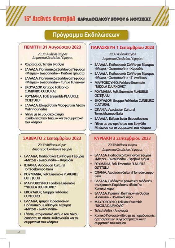Κέντρο Πολιτισμού ΠΚΜ 15o Διεθνές Φεστιβάλ Παραδοσιακού Χορού και Μουσικής Γέφυρας πρόγραμμα (21/8/2023)